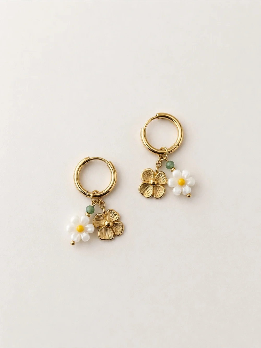 Gold Stainless Steel Flower Charm Drop Earrings